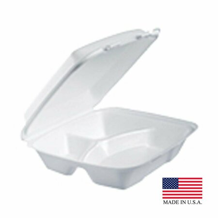 DART 90HT3R PEC 9 in. White 3 Compartment Hinged Foam Container, 200PK 90HT3R (C)